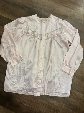 Vintage Barbizon Embroidered Pink Satin Button-Front Nightshirt